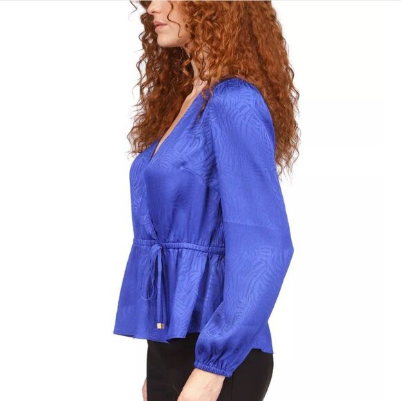 NWT MICHAEL KORS LONG SLEEVE PEPLUM HEM FAUX WRAP TOP/TUNIC ROYAL P/L MSRP $98 - Picture 3 of 10